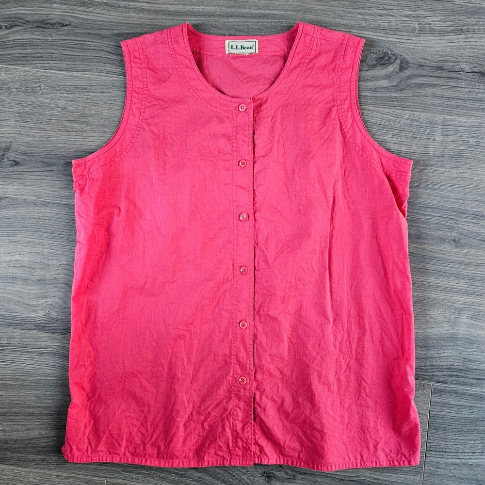 LL Bean Womens Sleeveless Button Front Shell Top Coral Pink Round Neck Top Large